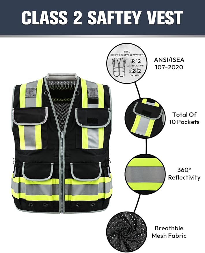 Safety Vest, Hi Vis Vests with Pockets, Class 2 High Visibility Vests,Construction Surveyor Work Vest for Men Women