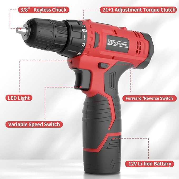 FADAKWALT Cordless Drill Set, 12V Power Drill With Battery and Charger, Electric Driver/Drill Bits, 3/8'' Keyless Chuck, 21+1 Torque Setting, 180 inch-lbs, LED, Red