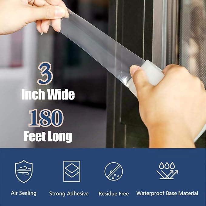 Heavy Duty Window Weather Sealing Tape - Transparent Window Tape for Winter and AC Insulation, No Mess Winter Window Seal Kit - 3 Inch Wide 180 FT Long
