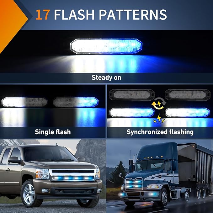 Nilight 4PCS 6LED Blue White Emergency Strobe lights 12V 24V Surface Mount Flashing Warning Hazard Light Ultra Slim Sync Feature Grille for Cars Trucks Van Off Road Vehicles SUV