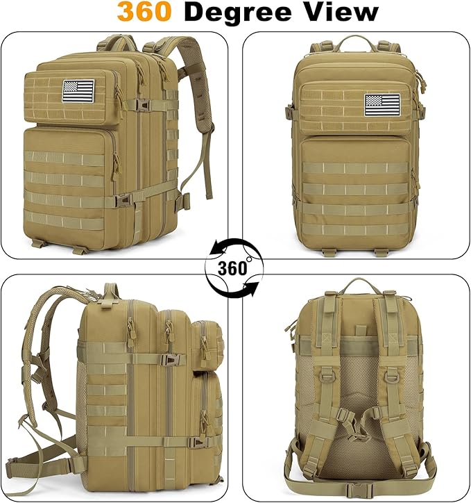 Tactical Backpack 45L Army Military Rucksack, Water Resistant MOLLE Pack, Large 3 Day Bug Out Bag for Men & Women, Durable Outdoor Gear for Hiking, Camping, Hunting, Travel (Khaki)