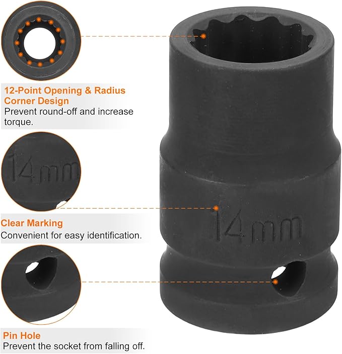 HARFINGTON 12-Point Impact Socket 1/2 Inch Drive 14mm Metric Cr-V Shallow Impact Socket Nut Driver Wrench for Auto Repair