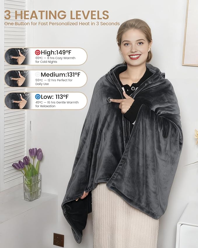 Cordless Heated Blanket with Hood, Rechargeable Wearable Heated Blanket Battery Powered with 20000 mAh Battery, 9 Heating Zones, 3 Levels, Portable Heated Throw Blanket, Heated Shawl, Camping Blanket