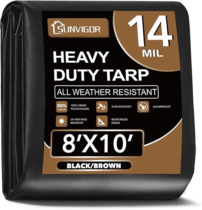 Sunvigor Tarp Waterproof 8x10Ft, Extra Thick 14 Mil Heavy Duty Tarp Cover, Tear & Fade Resistant, Outdoor Tarps with Brass Grommets and Reinforced Edges for Roof, Camping, Patio, Boat (Black/Brown)