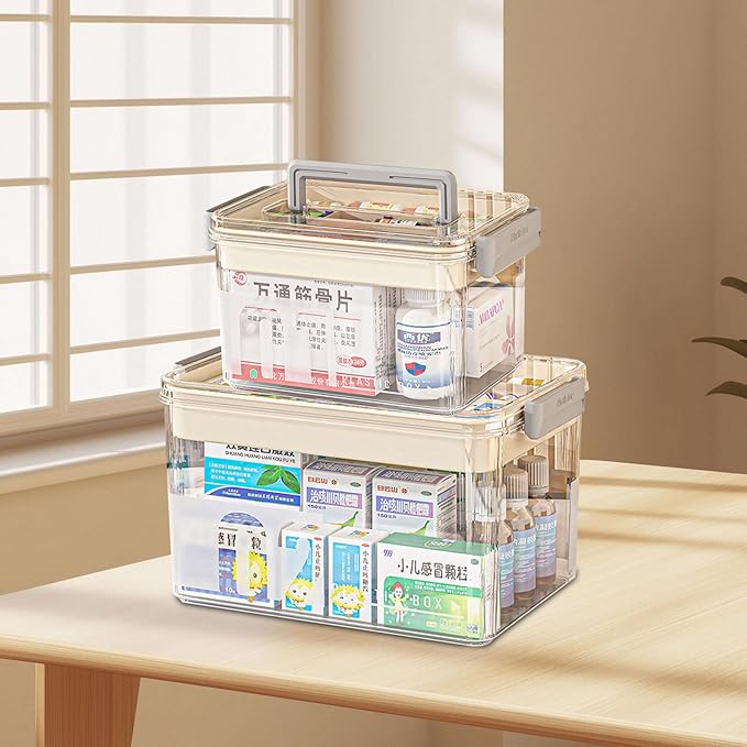 2Pack Medicine Box Set,2-Tier Large Capacity Medicine Storage Box with Handle,Clear Plastic First Aid Box Empty,Portable Medication Organizer Storage for Home & Travel