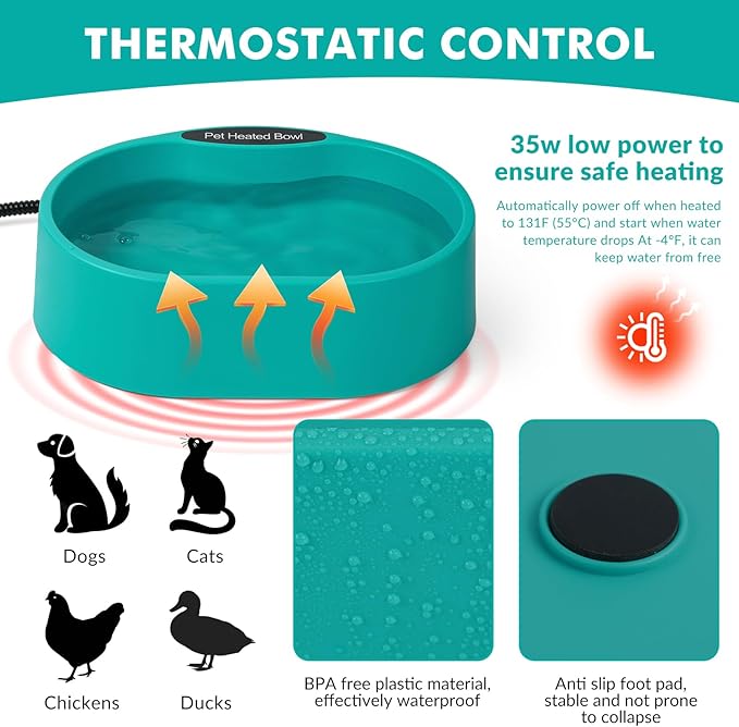 Heated Water Bowl for Dogs, Outside Heated Dog Bowl, Thermostatic Control Heated Cat Bowl, Anti-Freeze Heated Pet Water Dish for Chicken,Duck,Goose,Rabbit,125 OZ 35 Watts