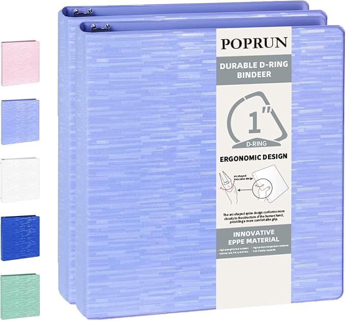POPRUN 3 D Ring Binder 1 Inch, PVC-Free, Holds 225 Sheets of 8.5 x 11 Paper, Extra Durable Organizer with 2 Pockets for School & Office, Heavy-Duty, 2 Pack, Cornflower Purple