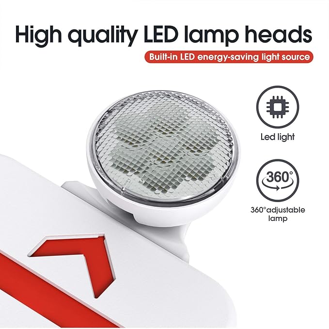 Red Led Exit Sign Emergency Light Combo Adjustable Two Head, Double Sided and Battery Backup Exit Light, Contractor Select, AC 120/277V (1)