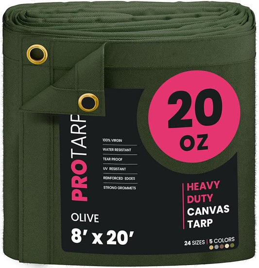 PROTARP Extreme Heavy Duty 20 OZ Water Resistant Canvas Tarp, UV Resistant Tarpaulin Cover with Rustproof Brass Grommets, Multipurpose for Canopy, Roof, Camping, Woodpile (Olive 8'X20')