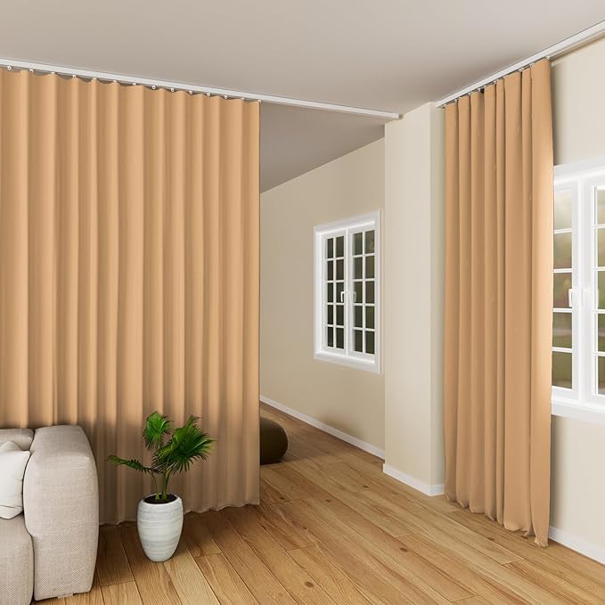 Room Divider Curtains Blackout Ceiling Track Curtain with Hook Wall Mount Sliding Door Curtains Ceiling Mount Extra Wide Curtain Wall Divider for Room Separation (Khaki, W180 x H108 Inch)