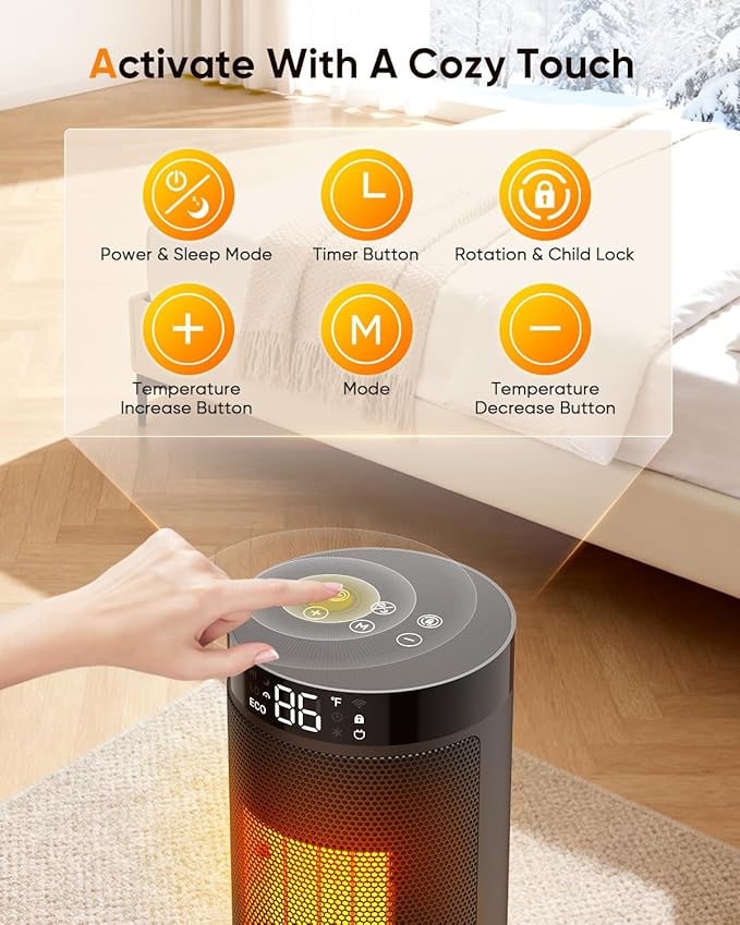 Smart Space Heater with WiFi/APP & Alexa Control, 1500W PTC Ceramic Electric Heaters for Indoor Use, 75° Wide-Angle Oscillation, 24H Timer, ECO Mode, Safe Indoor Portable Heater for Home Office