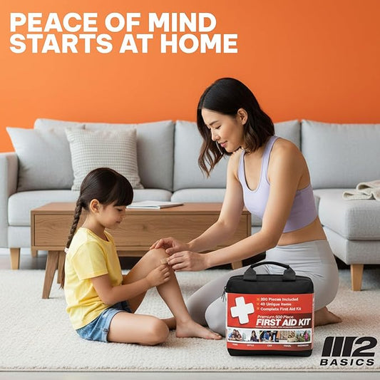 M2 BASICS Premium 300-Piece Emergency First Aid Kit (40 Unique Items) for Home, Car, Business, Travel & Outdoors – Durable Carry Bag, Medical Supplies for Camping & Sports