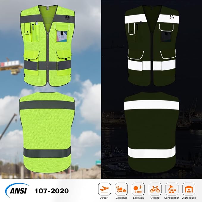TCCFCCT Mesh Safety Vest 9 Pockets High Visibility Reflective Safety Vest for Men Women, Hi Vis Work Vest with Reflective Strips, Meets ANSI/ISEA Standards, (Yellow, 3X-Large)