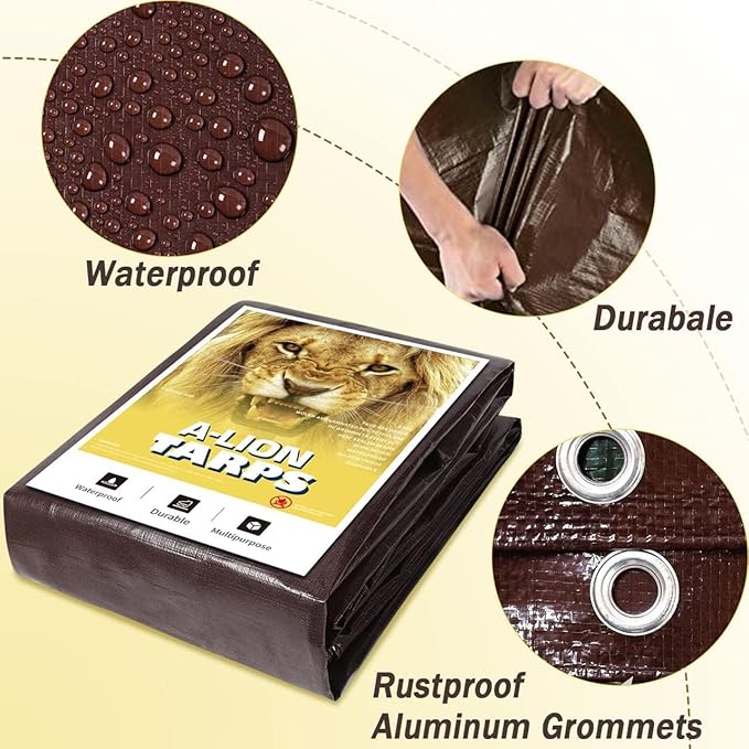 Heavy Duty Tarp 50'x100', 10 Mil Thick Waterproof Tear Resistant UV Treated with Grommets, Silver/Brown Reversible