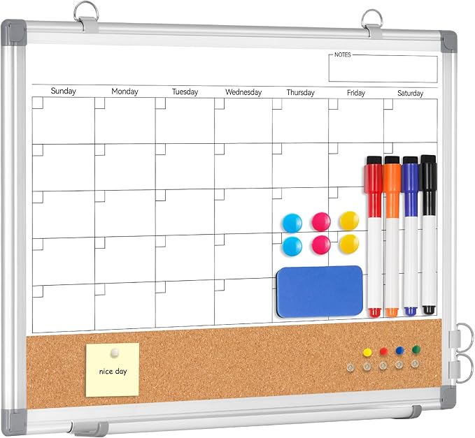 Monthly Dry Erase Calendar Whiteboard for Wall, 16" x 12" Double-Sided Small Calendar White Board, Framed White Board Cork Board Combo, Portable Dry Erase Board for Office, Kitchen, School, Home