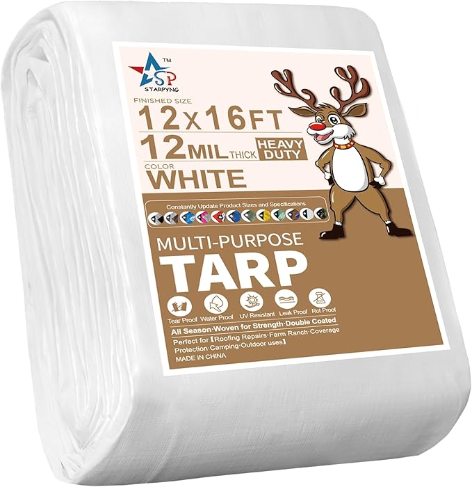 STARPYNG-12 Mil White 12x16 Feet Tarp-Heavy Duty Poly Tarp-Cover,Waterproof, UV Resistant, Weather Resistant, Cover Cars, Boats, Courtyards,Camping