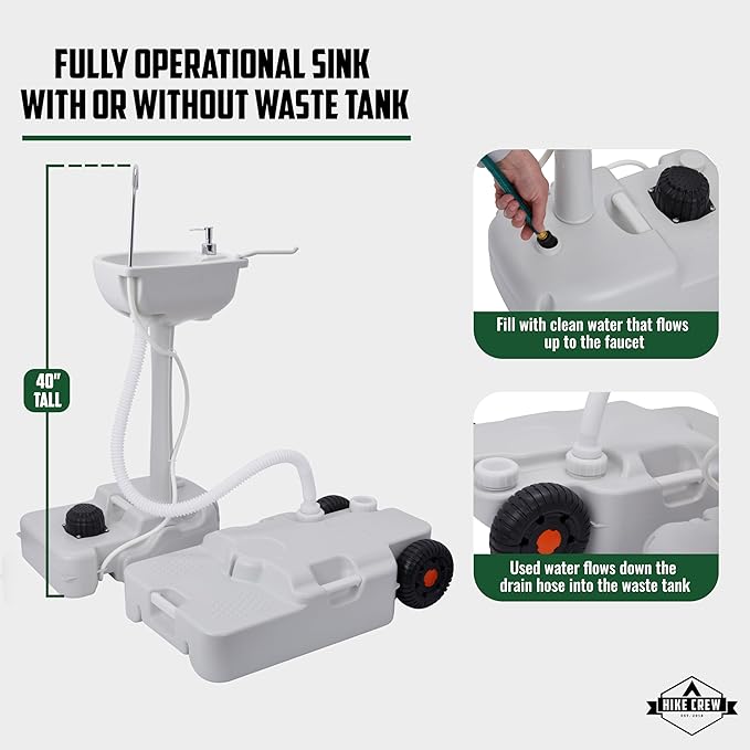 Hike Crew Portable Camping Sink & Waste Tank | Large Outdoor Hand Washing Station with 4.5 Gal Capacity, Hands-Free Foot Pump, Faucet, Soap Dispenser & Towel Rack | Includes 8 Gal Travel Waste Tank