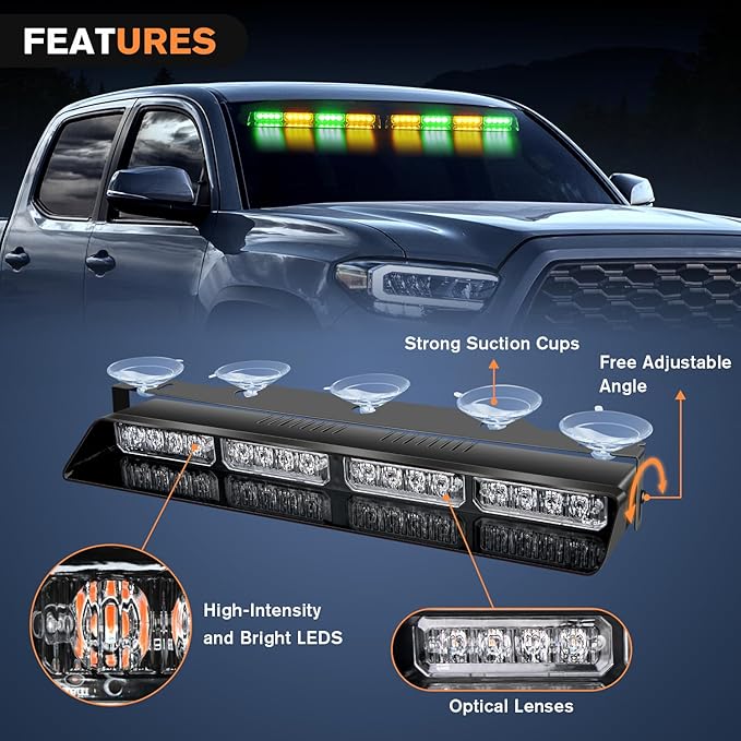 Nilight 32LED Amber Green Emergency Dash Strobe Lights with Controller Suction Cups Warning Hazard Interior Front/Rear Windshield Deck Split Light Bar for Truck Construction Vehicle