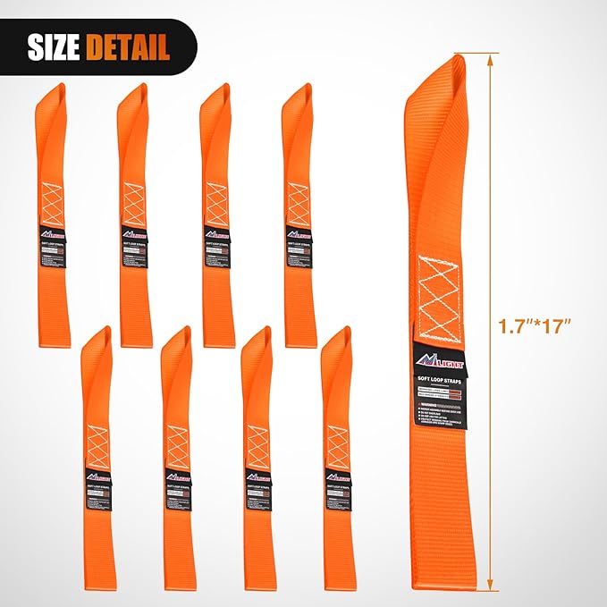 Nilight Soft Loop 1.7”×17" Motorcycle Tie Down Straps Heavy Duty 12000Lbs Max Break Strength for Securing ATV UTV Kayak Moving Cargo (8PK-Orange)