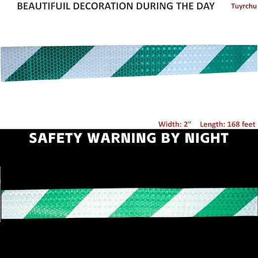 Reflective Tape Green and White 2 inch X 168 feet, Outdoor Waterproof Hazard Conspicuity Warning Industrial Marking Tape