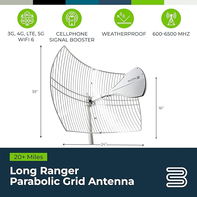 Bolton 2021 Long Ranger Parabolic Antenna - up to 20 Miles Range, Cellular/WiFi Antenna up to +28 dB, All Cell Bands LTE,4G,5G,3G, WiFi 2.6/5 GHz WiFi 6 (Renewed)