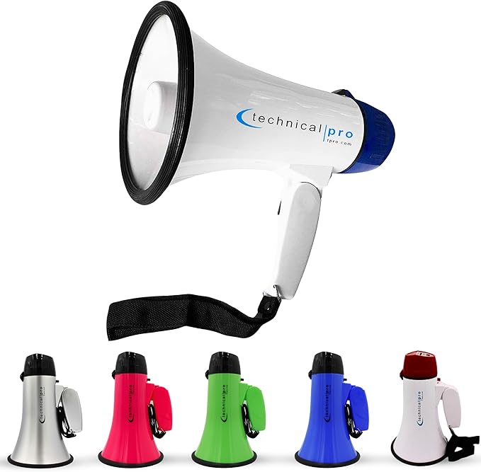 Technical Pro 20 Watts Lightweight Portable 300M Range Megaphone Bullhorn with Strap, Siren, and Volume Control, Good for Trainers, Soccer, Football, Baseball, Coaches