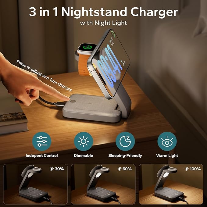 3 in 1 Foldable Wireless Charging Station for MagSafe, Nightstand Magnetic Charger Stand for iPhone 17 16 15 14 Pro Max, Travel Charging Dock with Night Light for Apple Watch/AirPods (Gray)