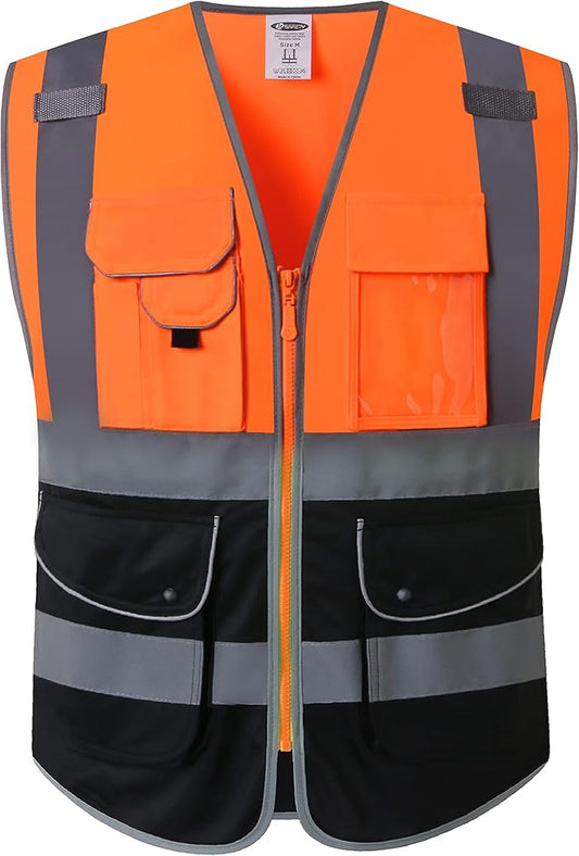 JKSafety 9 Pockets High Visibility Zipper Front Safety Vest With Reflective Strips,Meets ANSI/ISEA Standard (150-Orange-black, 3XL)