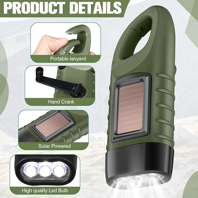 Leelosp 2 Pieces Hand Crank Flashlight Solar Powered Flashlight for Emergencies Dynamo Rechargeable LED Survival Light for Outdoor Sports Hiking Camping (Army Green)