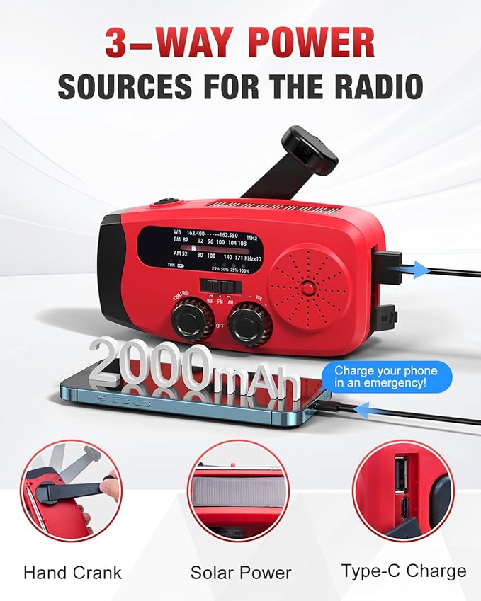 086S Hand Crank Emergency Radio - 2000mAh/7400mWh AM/FM/NOAA Solar Hand Crank Emergency Radio with 3 LED Flashlight, SOS Function for Emergencies, Camping - Red