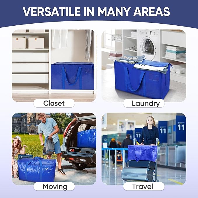 TICONN 6 Pack Extra Large Moving Bags with Zippers & Carrying Handles, Heavy-Duty Storage Tote Moving Boxes for Space Saving