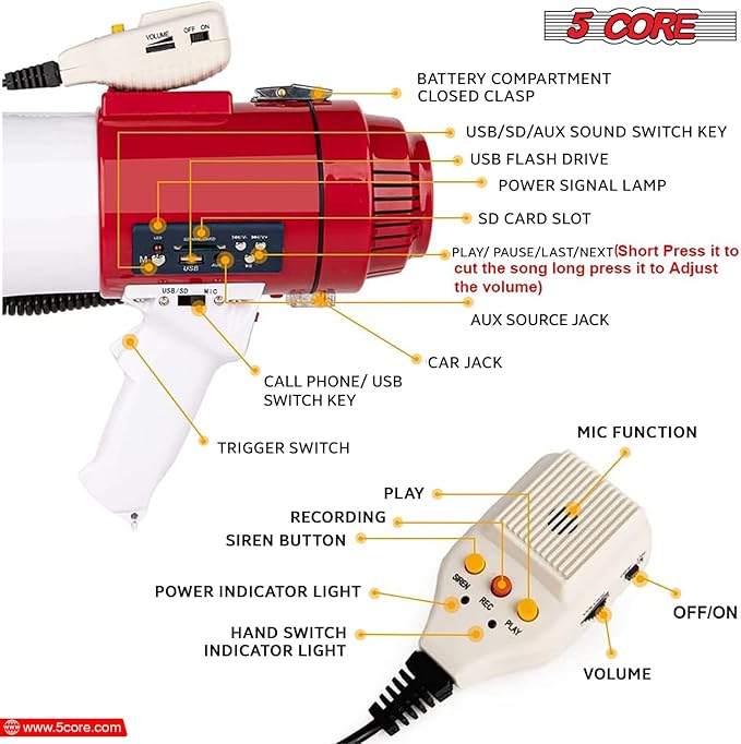 5 CORE Megaphone 60W Bull Horn Professional PA Speaker w 1200 Yards Range Loud Siren Voice Amplifier USB/SD/3.5mm Aux Portable Megafono for Emergency Outdoor Sports and Coaches - 77SF