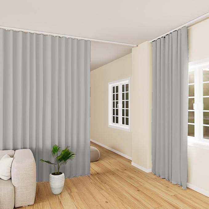Room Divider Curtains Blackout Ceiling Track Curtain with Hook Wall Mount Sliding Door Curtains Ceiling Mount Extra Wide Curtain Wall Divider for Room Separation (Light Grey, W180 x H84 in)