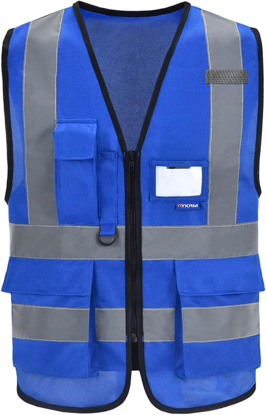 A-SAFETY Blue safety vests Reflective Safety Vest Hi Vis Bright Neon Color with 4 Reflective Strips 8 Pockets, Blue