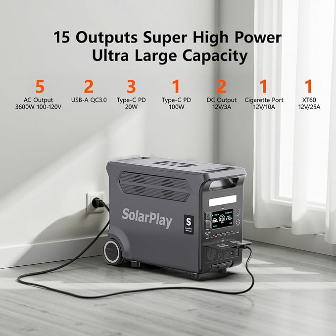 SolarPlay Portable Power Station, 3600W((5500W Peak), 3840Wh Solar Generator 2Hrs Fast Charging LiFePO4 Battery, Adjustable Input Power, UPS function with AC output for Home Camping Outdoor Backup