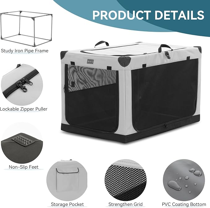 PETSFIT Soft Sided Dog Crate, with Patented Adjustable Fabric Cover, Chewproof & Lockable Mesh Doors, Waterproof Base Kennel Indoor Grey 36 Inch