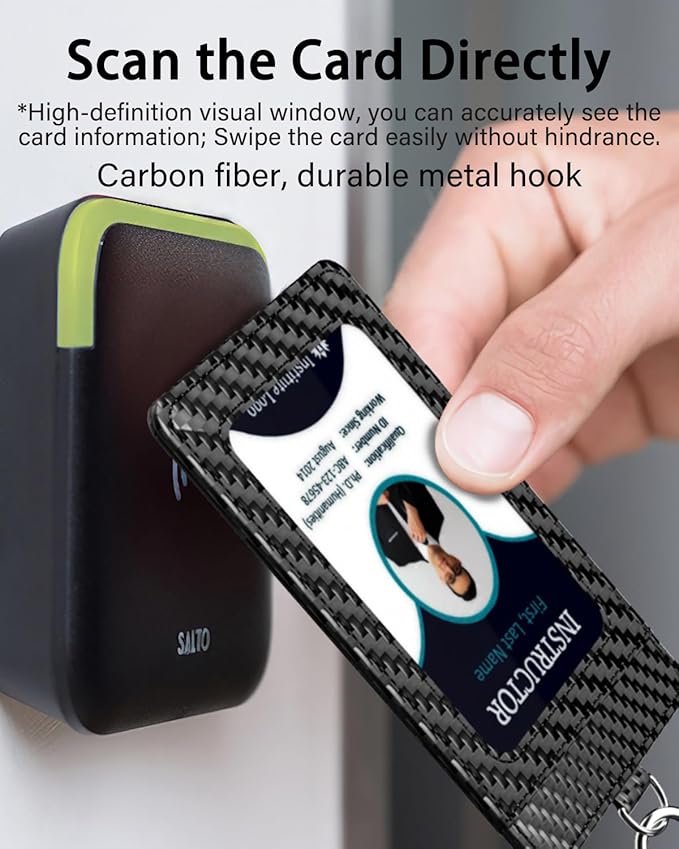 Carbon Fiber Work ID Card Holder with Lanyard is a Stylish and Durable Card Holder with Dual Card Capacity, Clear Display Window and Privacy Back Pocket (Black Customized)
