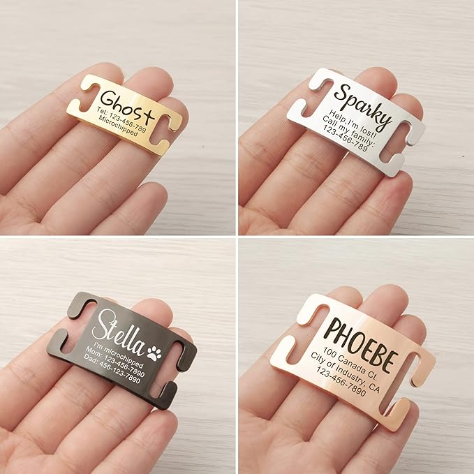 Anavia Slide On Silent Pet ID Tags, S/M/L/XL Personalized Gold Black Stainless Steel Customized Engraved Cat Dog Name Tags, Glossy Finish Chew-Proof Quiet Dog Collar Tag (Large, Gold)
