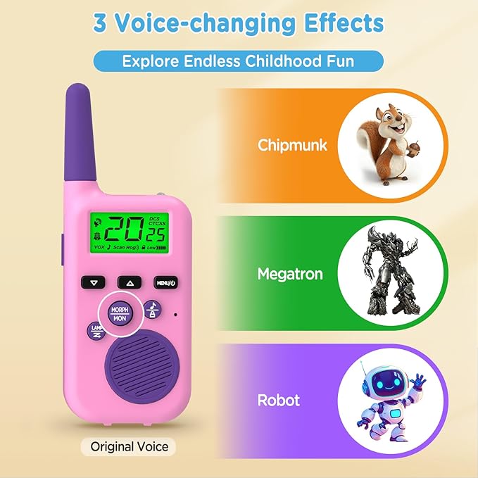 Peakeep Walkie Talkies for Kids Long Range 3 Miles, Voice-Changing Toys Gifts for 3-12 Years Old Boys Girls, 2 Way Radios Big LCD Screen, Flashlight, Camping Hiking Outdoor, Battery Operated, 2 Packs