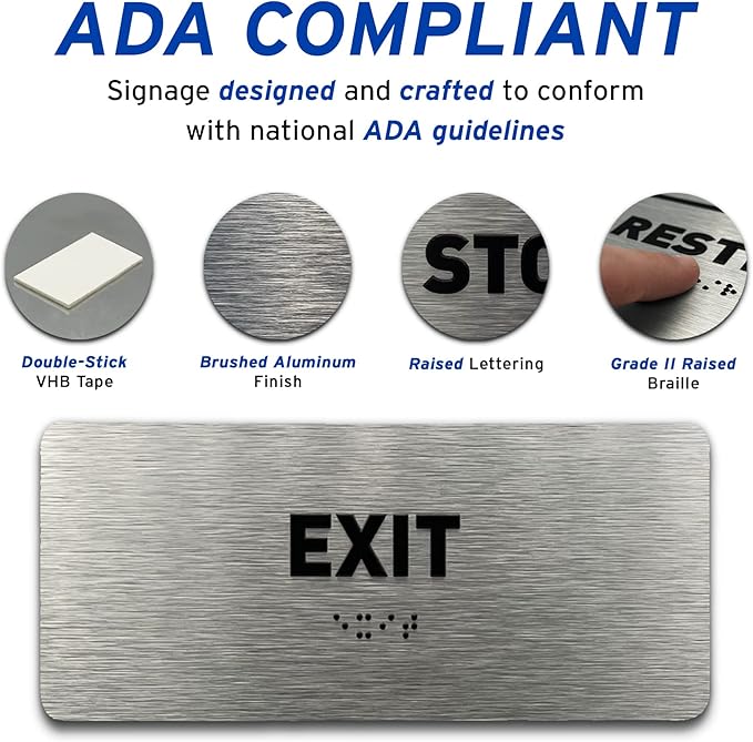 Exit Identification Sign - ADA Compliant Sign, Raised Icons, Raised Braille, Brushed Black, TCO Inspection Certified (7"W x 3"H) - by GDS - Made in USA