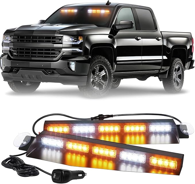 XRIDONSEN 34 inch Emergency Strobe Visor Lights 40 LED Amber White Warning Flashing Hazard Safety Lights Interior Front Windshield Light Bar Deck Split w/Take Down for Trucks Construction Vehicles