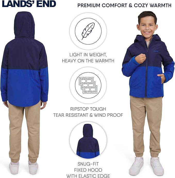 Lands' End Unisex Kids 3-in-1 Water Resistant Windbreaker and Zip-out Polar Fleece Jacket