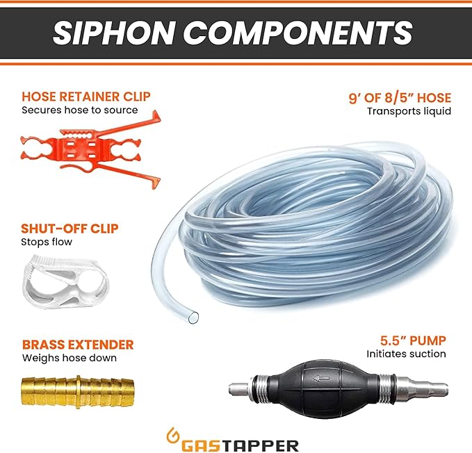 GasTapper Fuel Transfer Pump - Gas Siphon Pro Pump for Gasoline, Oil, Diesel, Water, Liquid, Fluid - Portable Hand Gas Pump Includes Brass Tip Weight, 9 Ft Hose and Pinch Clip - 3.5 Gls/Min