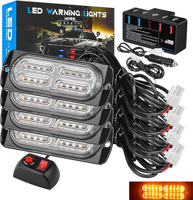 【UPGRADED】 LED Emergency Strobe Warning Lamps Kit, 4 Pods 20LEDs 18 Flash Patterns for Warning Strobe light, Emergency Light, Side Light, Prompt Light, Marker Light, Beacon Light (Amber)