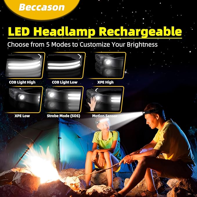 3PCS LED Headlamp Rechargeable - 230° COB Super Bright Head Lights for Forehead, Hard hat Light for Adults, USB C Headband Flashlight for Work, Hiking, Running, Camping Essentials Gear