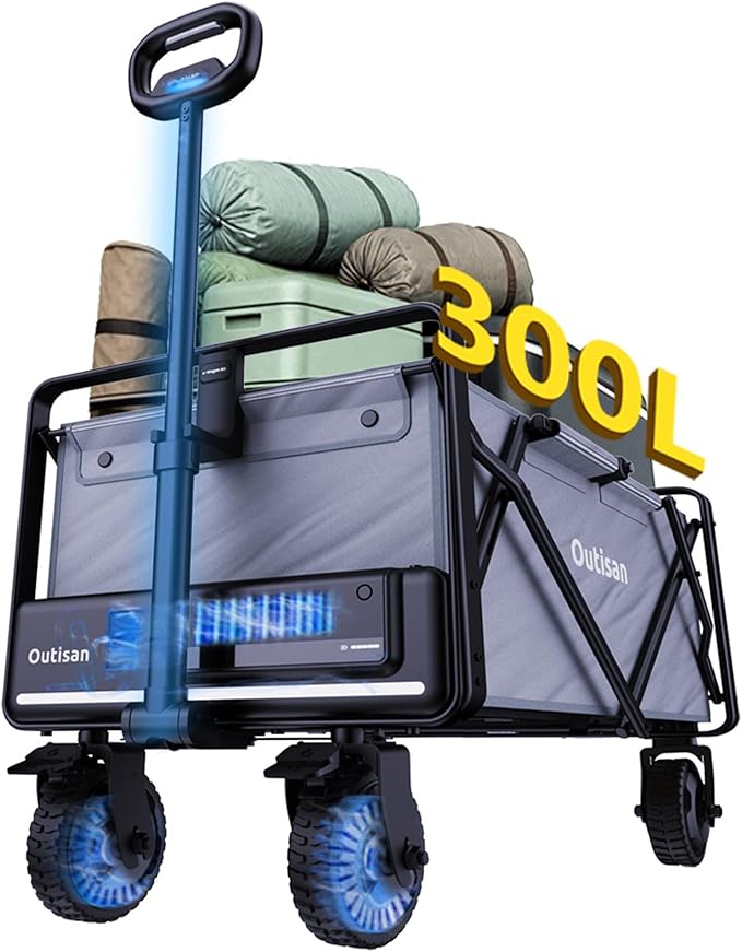 e-Wagon Air Electric Wagon Cart, 300LB Capacity Foldable Wagon with Dual Motor, 9-Mile Range & Swappable Battery, 3-Second Collapsible Utility Cart for Camping, Garden, Slate Gray