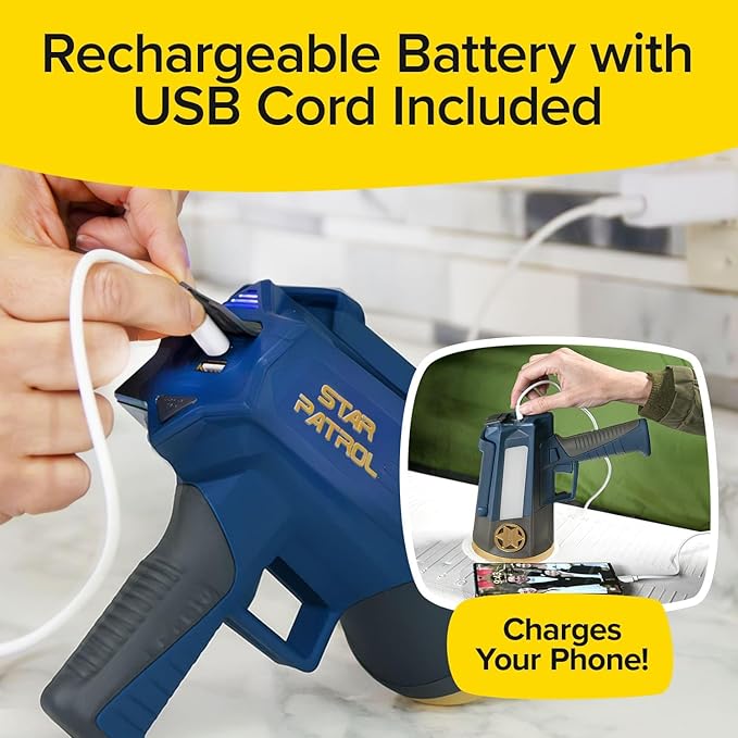 Star Patrol Mega-Bright Rechargeable Spotlight, AS SEEN ON TV, Tactical & Emergency Flashlight, 10 Modes, Turbo Boost Up to 100%, Built-in Kickstand & Phone Charger, for Camping, Emergencies, Walking