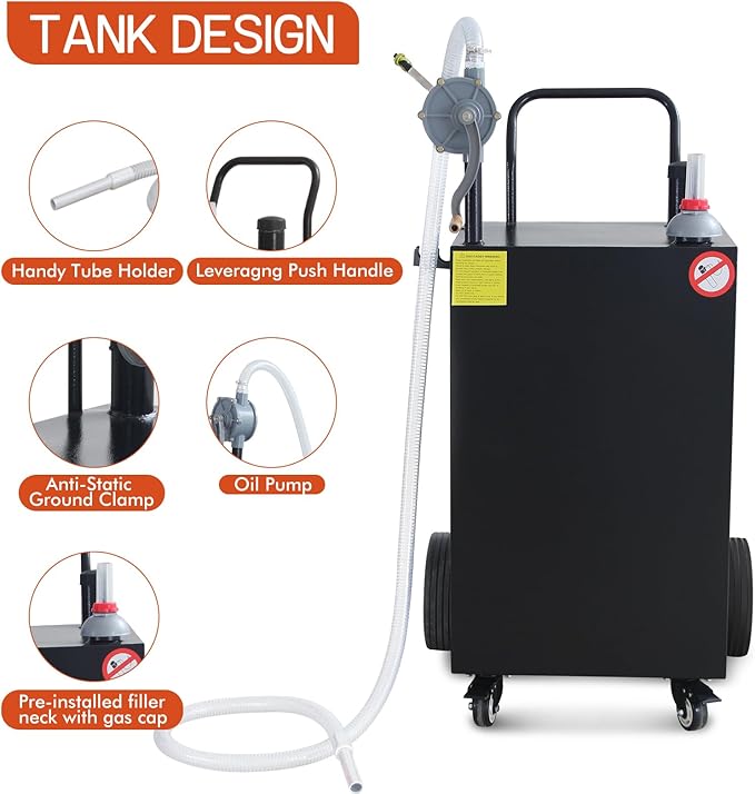 40 Gallon Portable Gas Caddy Fuel Storage Tank Large Gasoline Diesel Can Hand Siphon Pump with Rolling Flat-Free Solid Rubber Wheels for Boat, ATV, Car, Motorcycle (Black)
