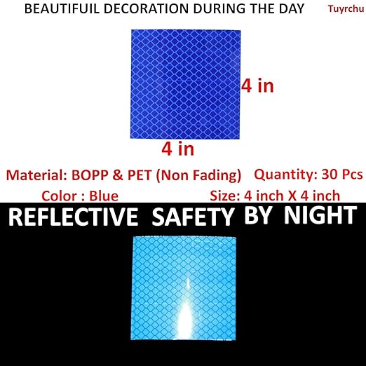 Blue Reflective Stickers 4 inch X 4 inch, Outdoor Waterproof High Visibility Warning Safety Adhesive Reflector Tape (30 Pcs)
