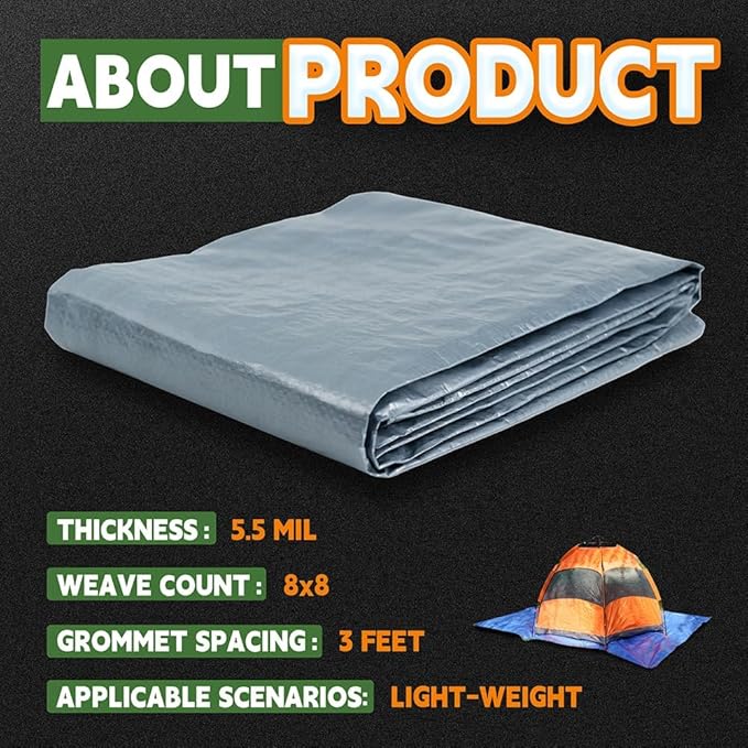 RAINDEWAY Large Tarps 18x24 Feet, 5.5 Mil - Multipurpose Waterproof Poly Tarp Cover with Metal Grommets and Reinforced Edges, Silver/Blue
